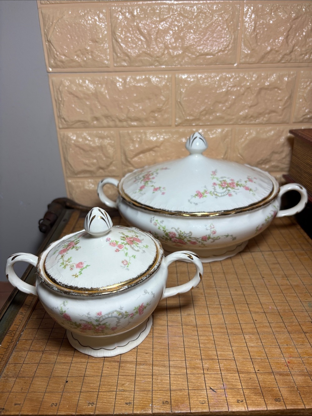 Pope Gosser USA Tureen and Sugar Bowl w Lids Pink Roses Gold Trim Vintage Decor
